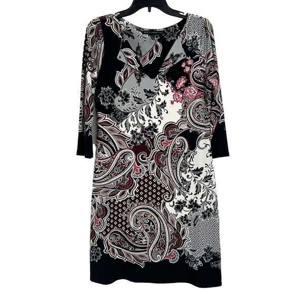 WHBM Floral Shift Dress Black White Boho 3/4 Sleeves Paisley Stretch Size M - Picture 1 of 11